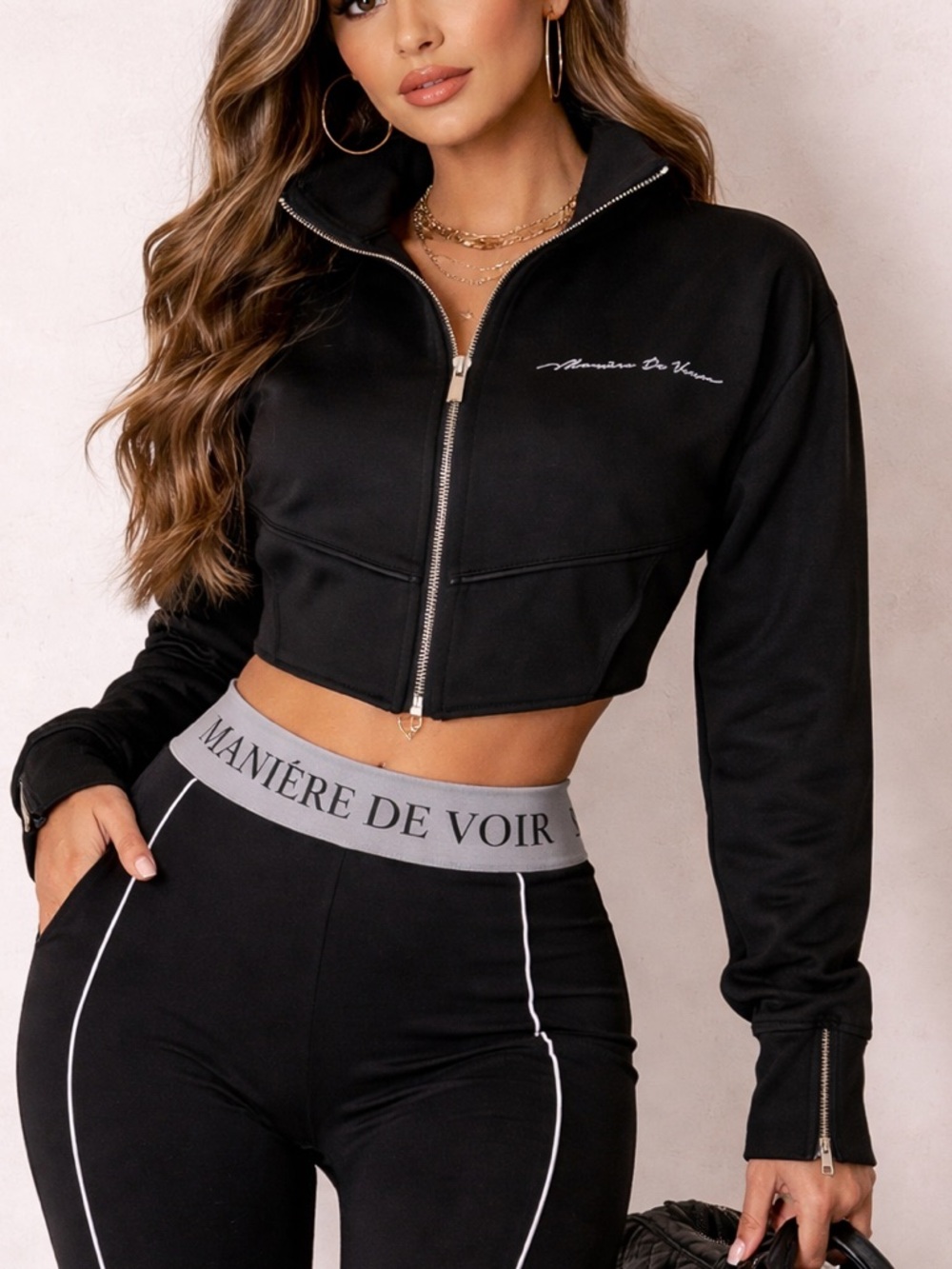 Maniere De Voir Black Cropped Leather Corset-like Trim Light Jacket size US 8